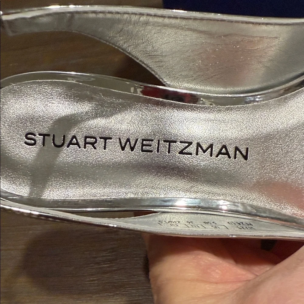 Stuart Weitzman Eva 50 Slingback Pumps 5.5 NIB Silver Metallic Luxury Heels $475